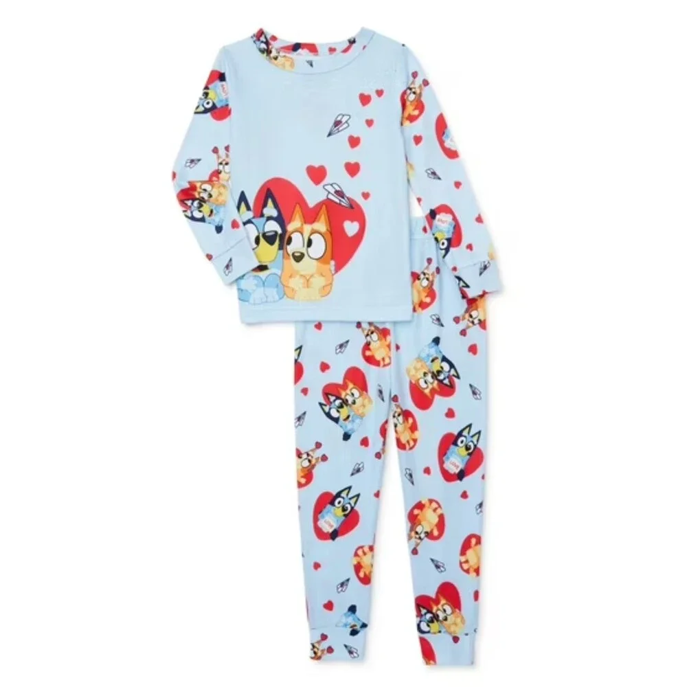 Bluey Valentine's Day Two Piece Toddler Pajama Sets Size 2T or 3T Blue W/ Hearts